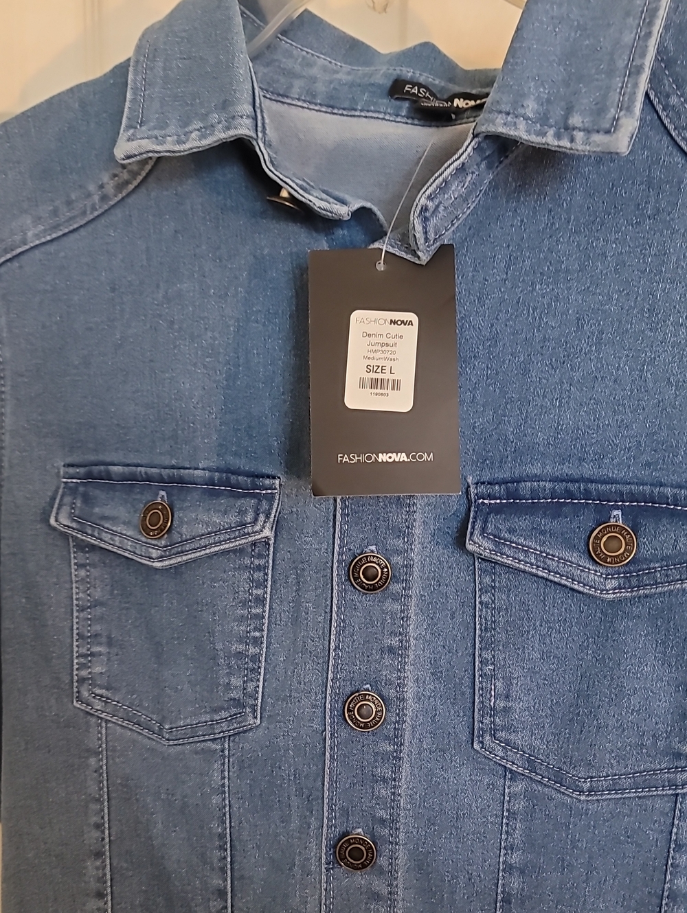Fashion Nova  Denim Cutie Jumpsuit Medium Blue  Wash With Button Pockets Size L